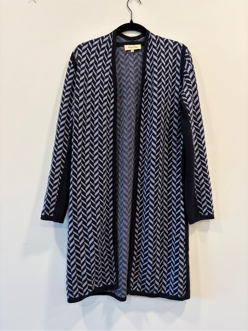 Viyella Navy Blue Herringbone Long Cardigan Wool Cashmere Angora Size M